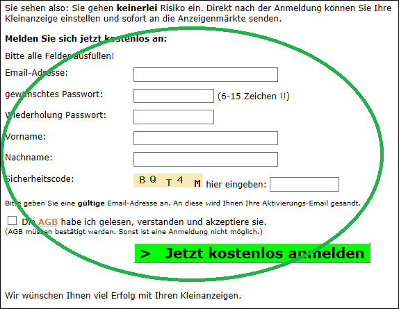 Hilfe: Anmeldeformular auf der Startseite.
