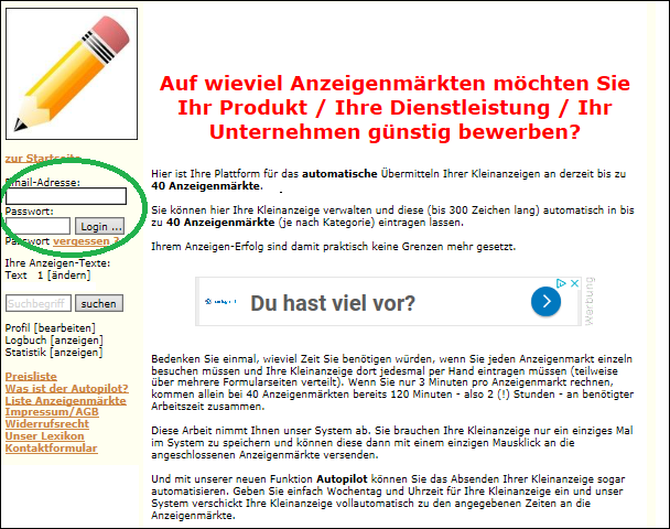 Hilfe: So loggen Sie sich auf www.AnzMaker.de ein.