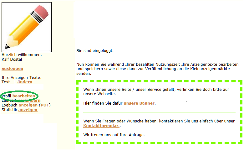 Hilfe: Der Link zu Ihrem Profil.