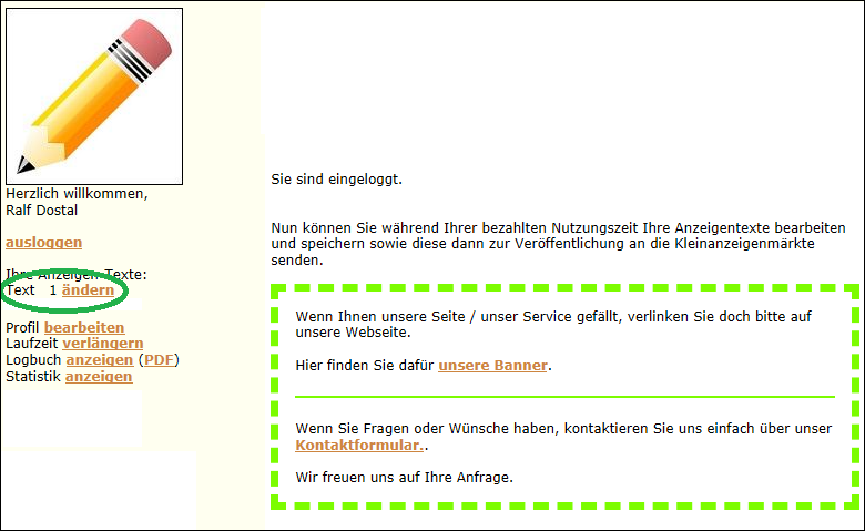 Hilfe: So rufen Sie Ihren Anzeigentext auf.