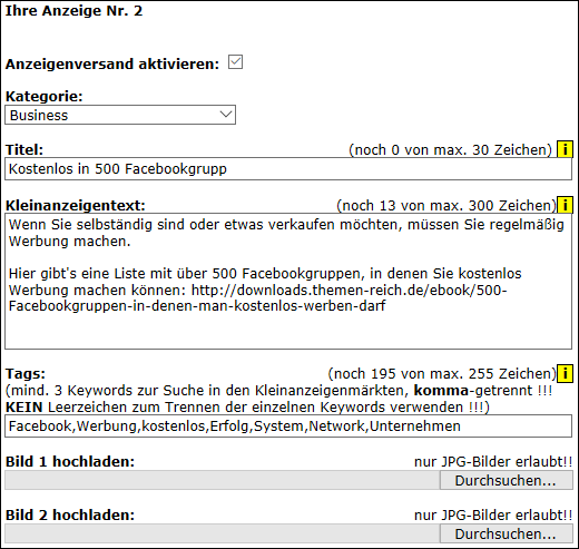 Hilfe: Hier bearbeiten Sie Ihren Anzeigentext.
